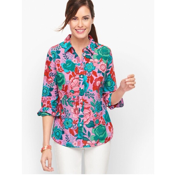 Talbots Cotton Button Front Shirt Sketched Blooms in Violet Petite M Lightweight - Picture 1 of 11